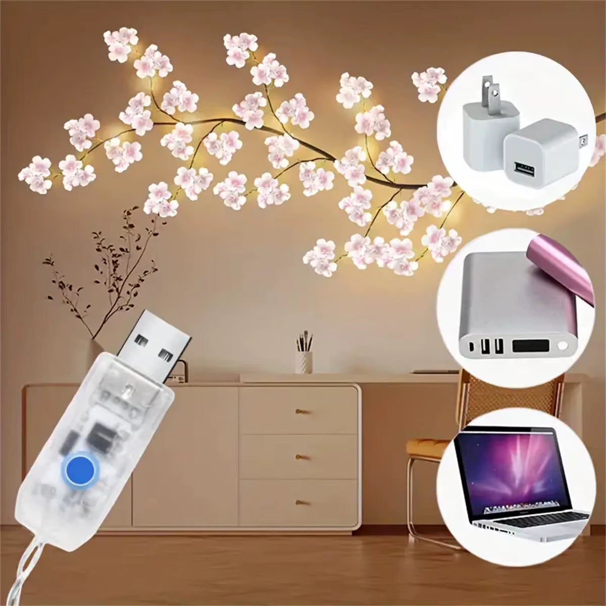 Illuminate Your Space with Cherry Blossom 96 LED USB Tree Branch Rattan Lights - 8 Stunning Modes for Valentine's, Christmas, Weddings, and Bedroom Decor