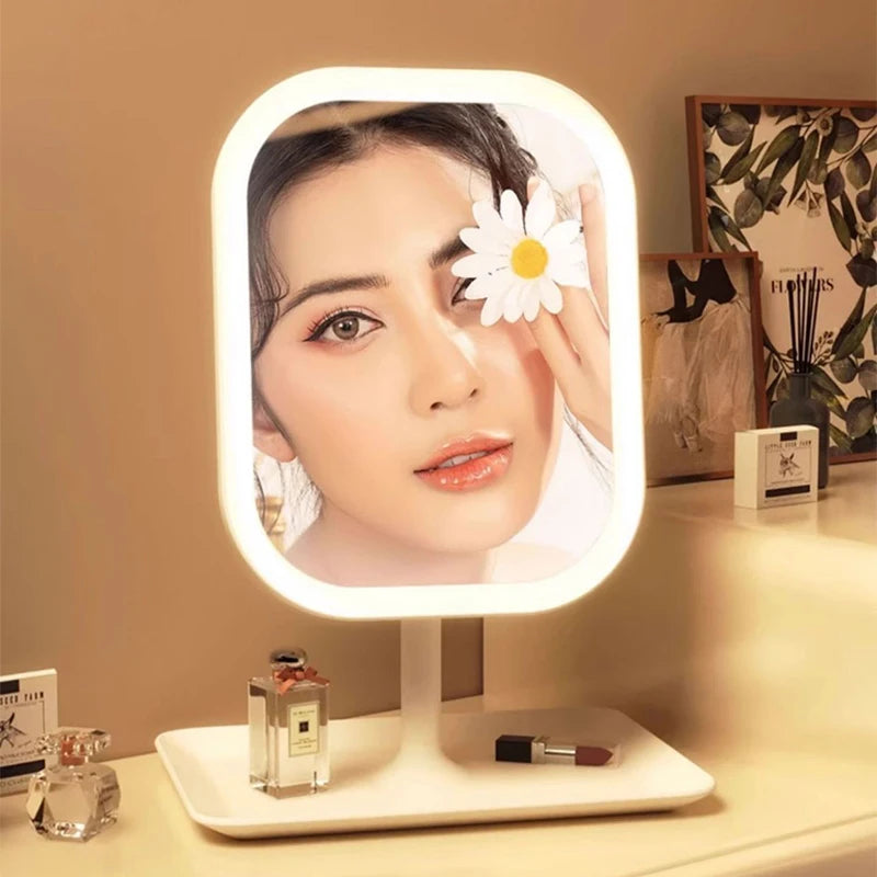 Illuminate Your Beauty: Niche Modern Desktop Vanity Mirror with 3 Color LED Lights for Flawless Makeup Application