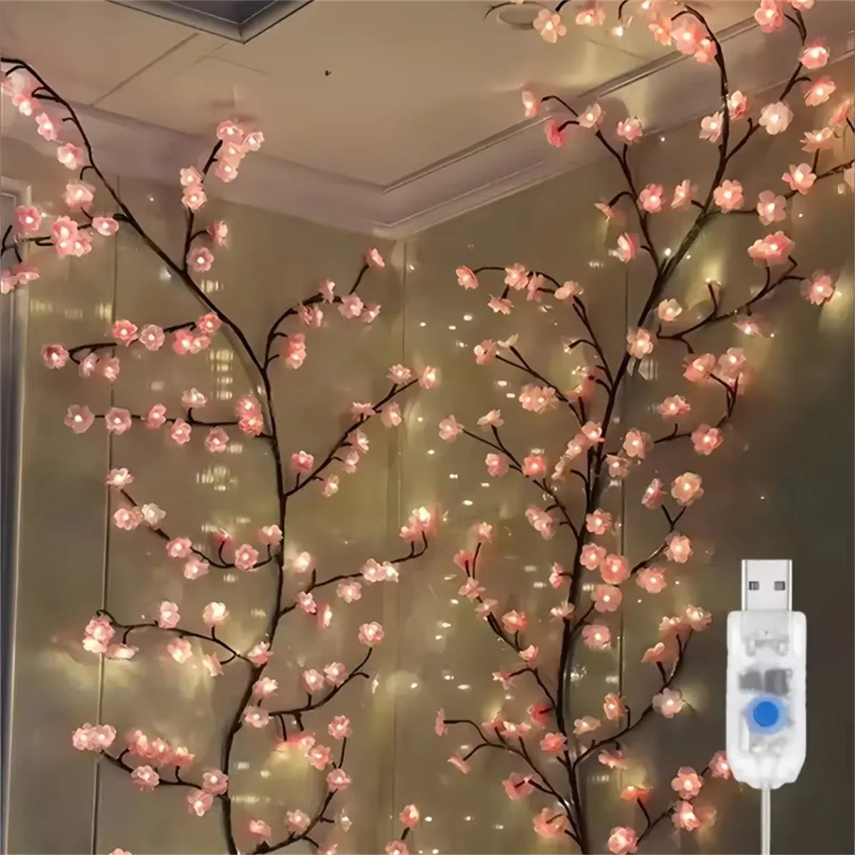 Illuminate Your Space with Cherry Blossom 96 LED USB Tree Branch Rattan Lights - 8 Stunning Modes for Valentine's, Christmas, Weddings, and Bedroom Decor