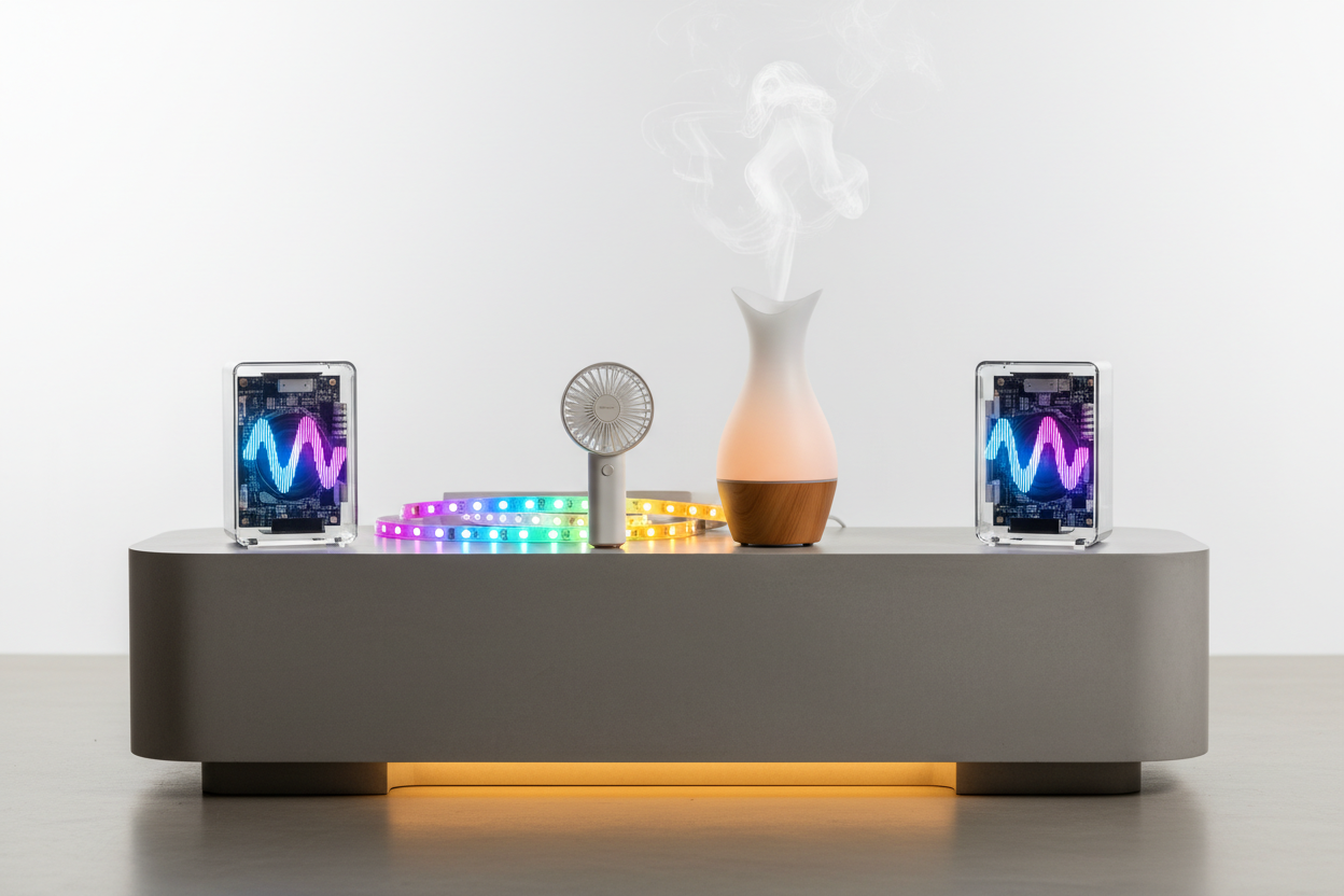multiple gadgets , portable fan, aroma diffuser, glace speakers, led lights 